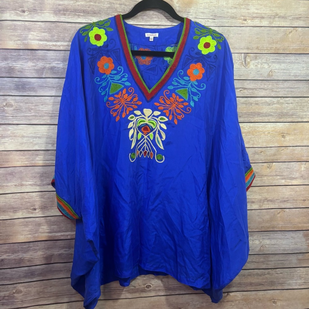 Anthropologie PAROSH Silk Royal Blue Embroidered Oversized‎ Kimono Blouse XS